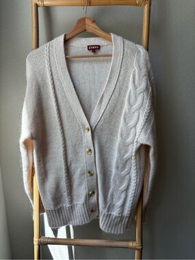 STAUD Cream Cable-Knit V-Neck Cardigan Sweater